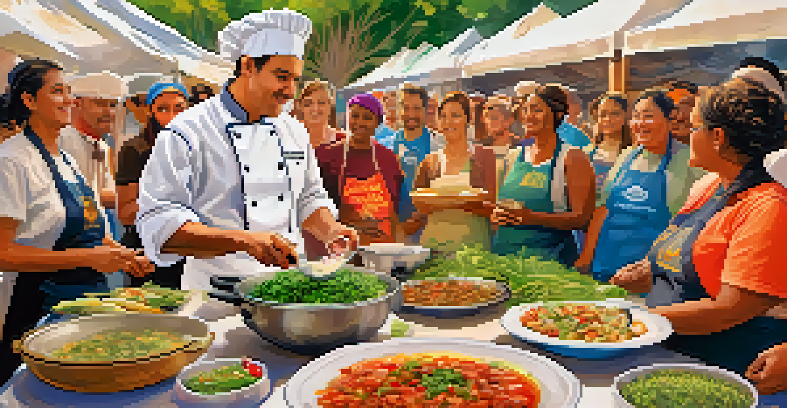 A chef conducting a cooking demonstration at a food festival, surrounded by fresh ingredients and an attentive audience.