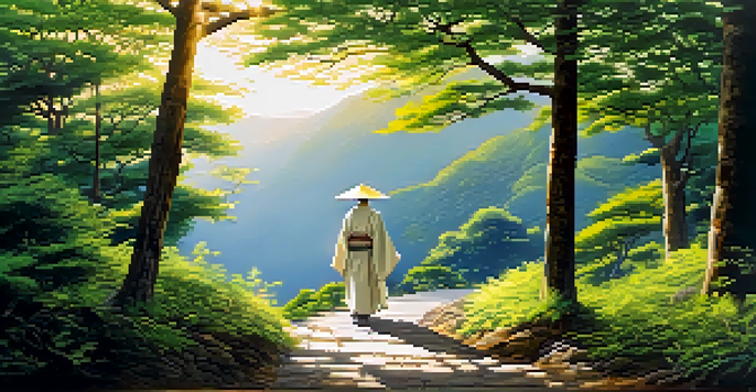 A picturesque scene of the Shikoku Pilgrimage with a winding path, ancient trees, and a pilgrim in traditional attire walking.