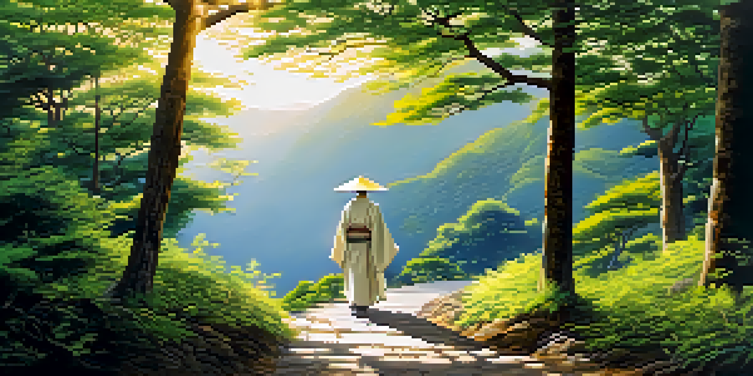 A picturesque scene of the Shikoku Pilgrimage with a winding path, ancient trees, and a pilgrim in traditional attire walking.