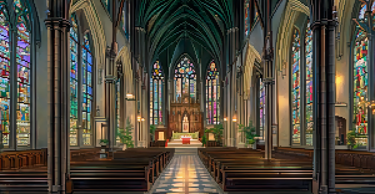 The interior of St. Philomena's Church with intricate architecture and colorful stained glass windows.