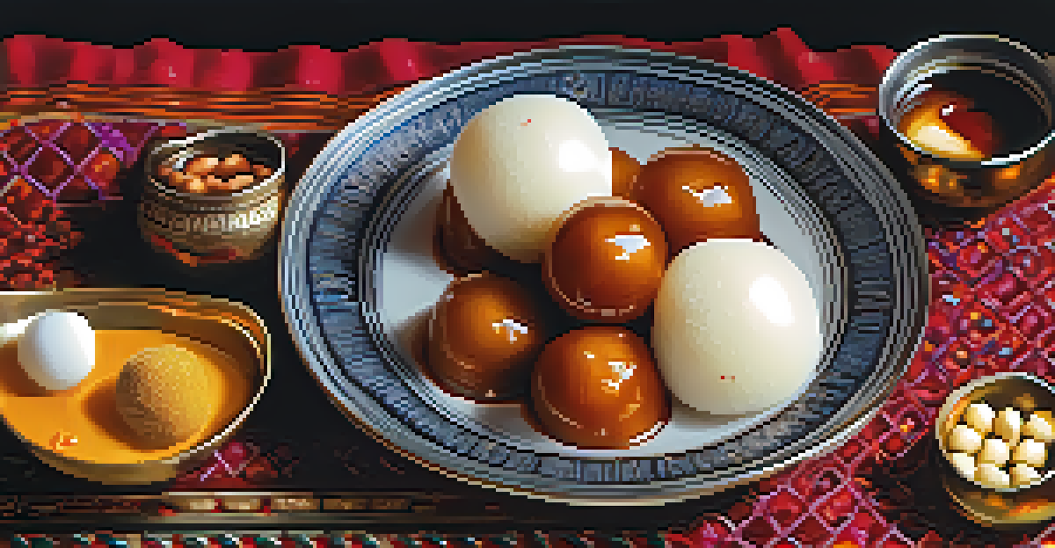 A close-up of Indian desserts, including Gulab Jamun and Rasgulla, displayed on an ornate plate.