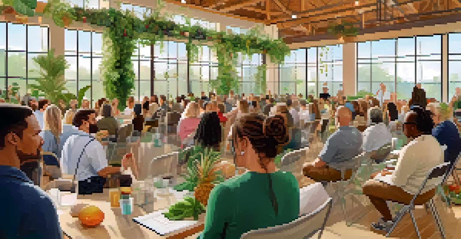 A nutrition workshop at a wellness festival, with a speaker addressing an audience of engaged participants in a bright and inviting space.
