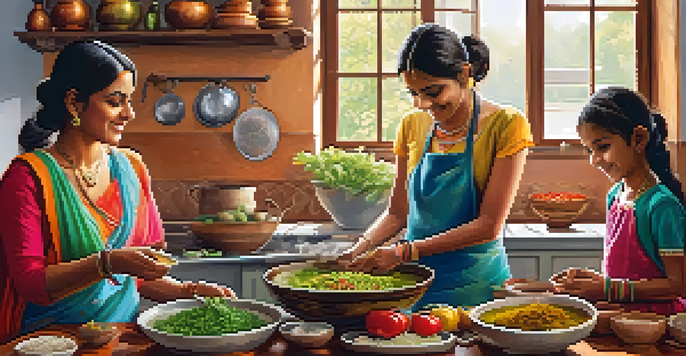 A family working together in a bright kitchen, preparing traditional Indian food with colorful spices and fresh ingredients.