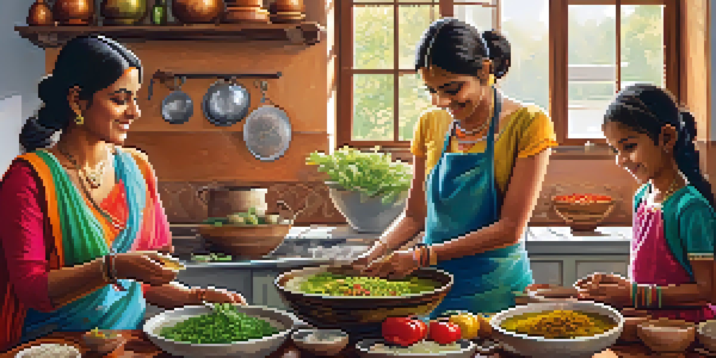 A family working together in a bright kitchen, preparing traditional Indian food with colorful spices and fresh ingredients.