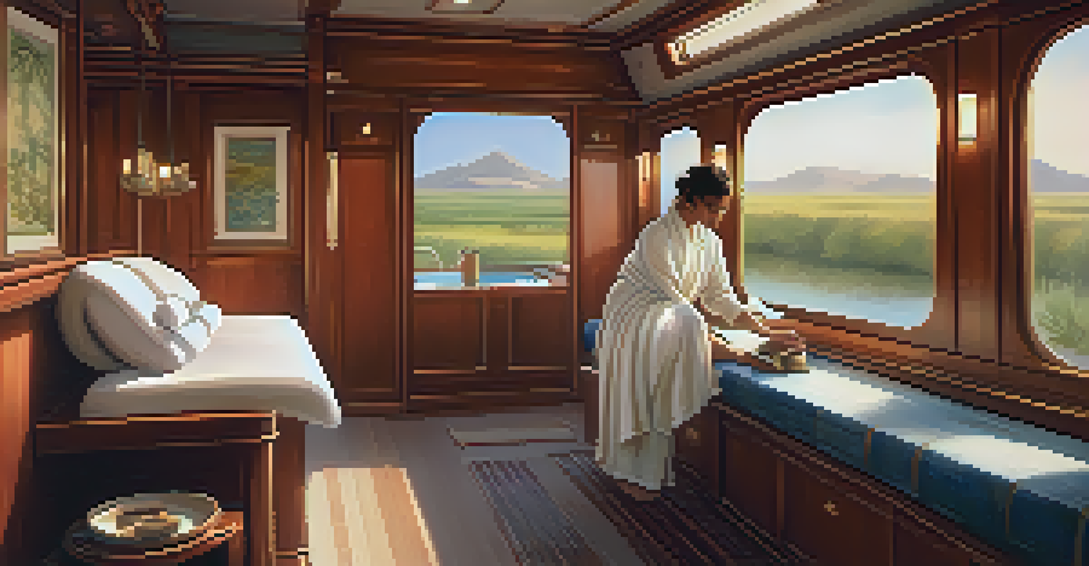 A serene spa room on a train with soft lighting and a therapist preparing for a massage, overlooking the Rajasthan landscape.