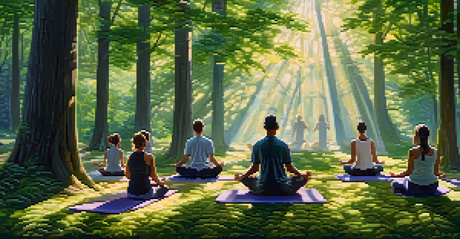 A group of people meditating in a forest surrounded by tall trees and sunlight.