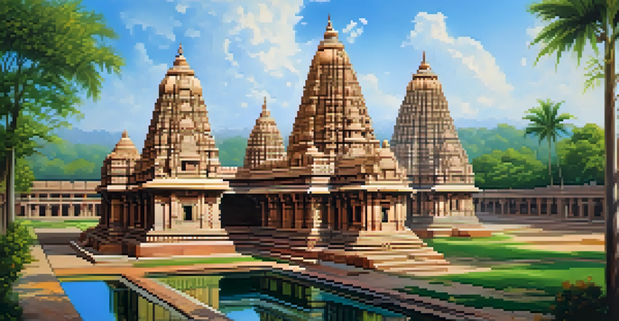 The Brihadeeswarar Temple with its towering spires and intricate carvings, surrounded by green courtyards under a blue sky.