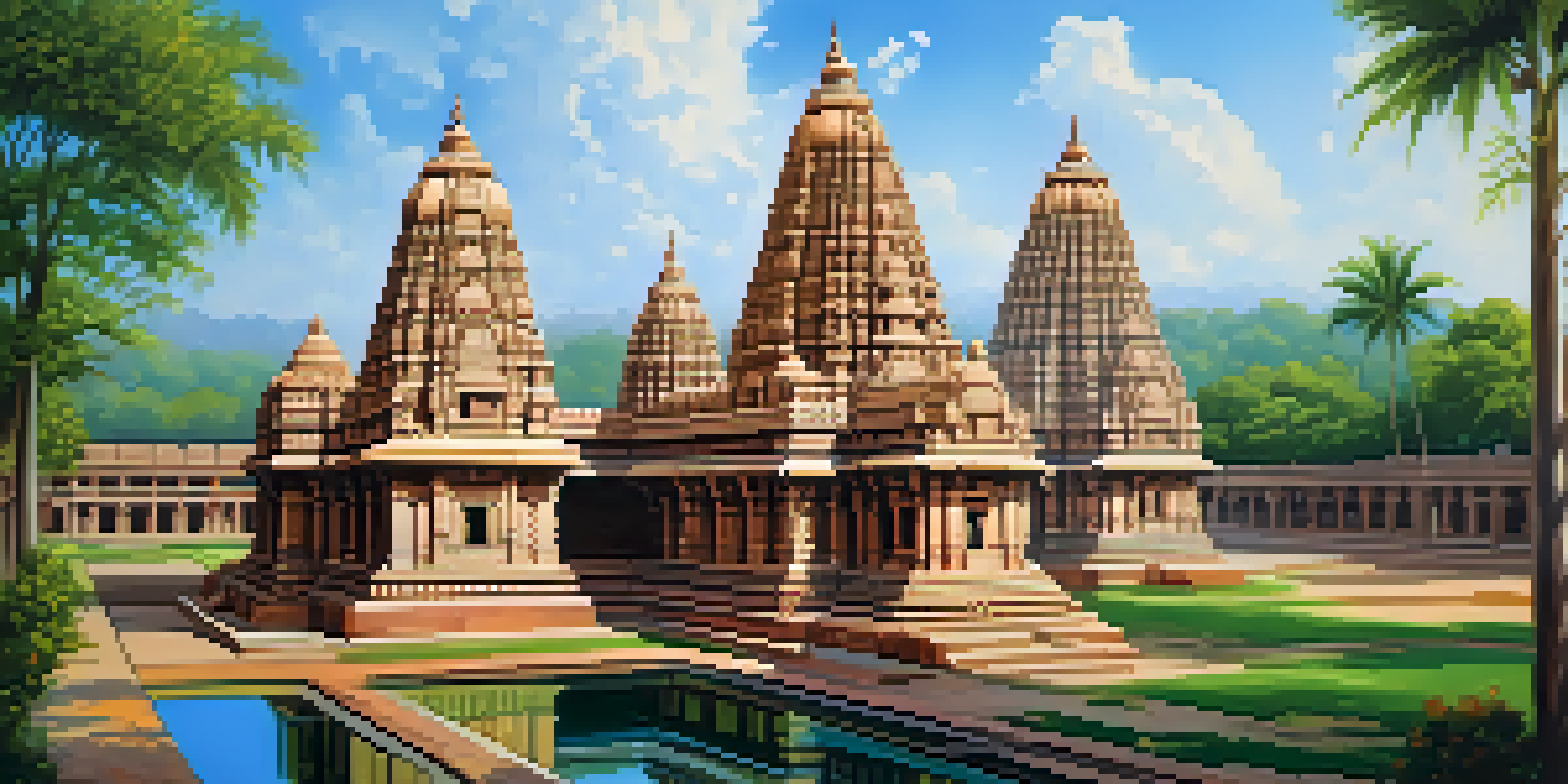 The Brihadeeswarar Temple with its towering spires and intricate carvings, surrounded by green courtyards under a blue sky.