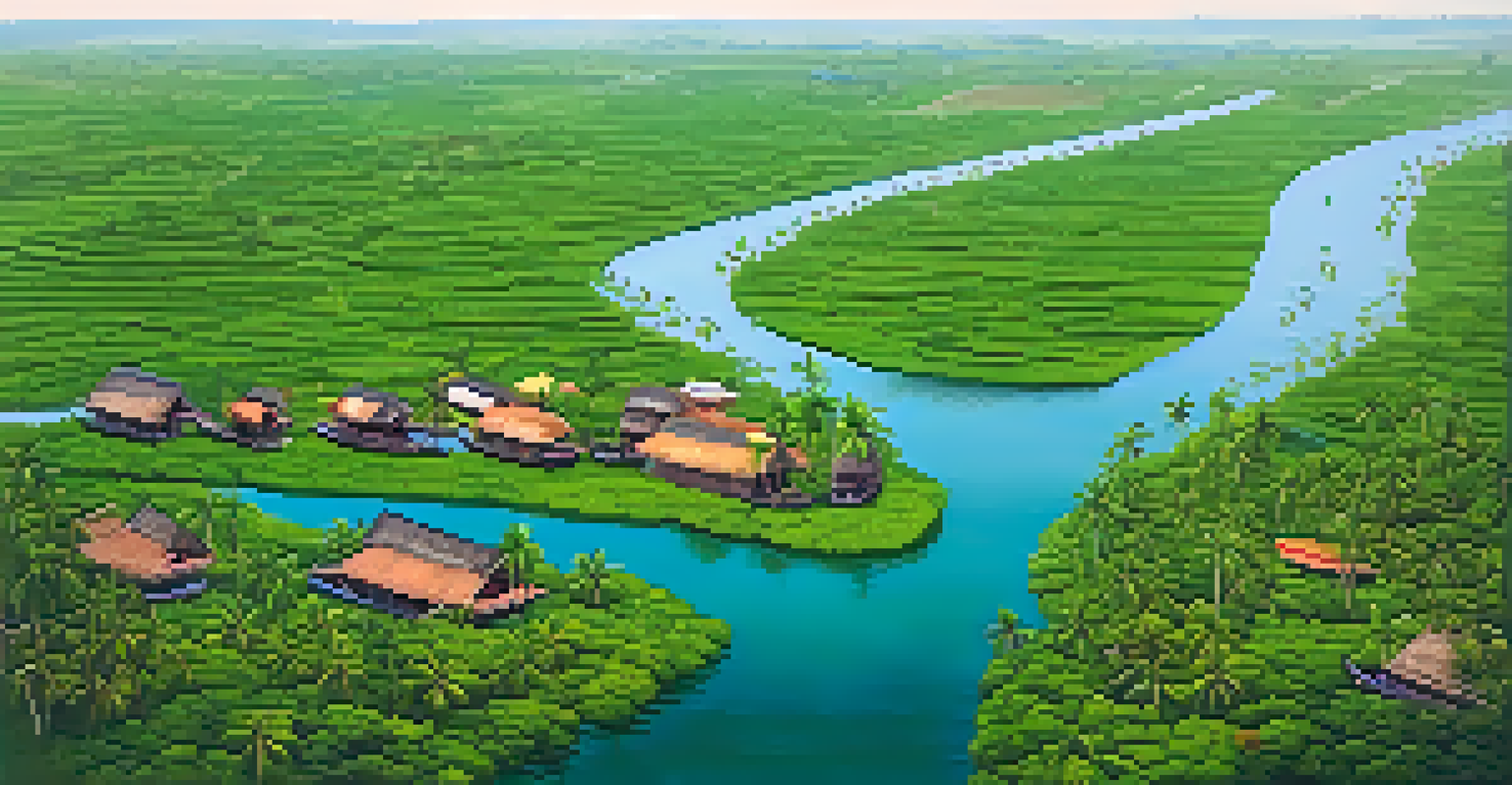 An aerial view of Kerala's backwaters, showcasing canals and traditional houseboats amidst lush greenery.