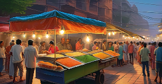 A lively Indian street food market with vendors serving pani puri and pav bhaji, surrounded by locals enjoying their meals.