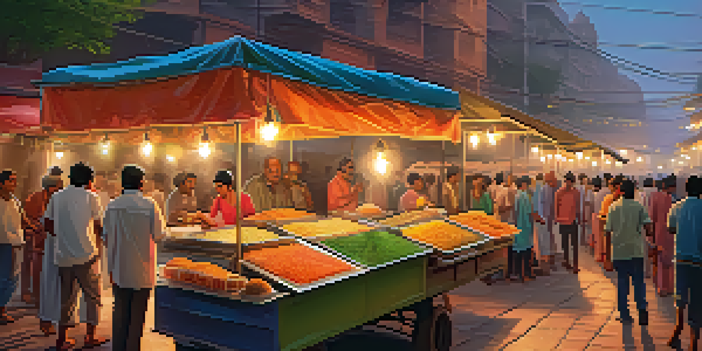 A lively Indian street food market with vendors serving pani puri and pav bhaji, surrounded by locals enjoying their meals.