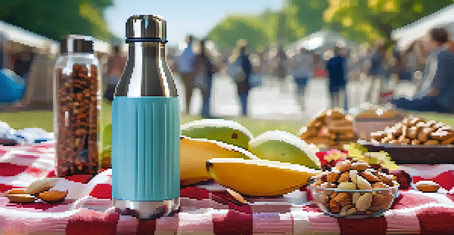 A stylish stainless steel eco-friendly water bottle on a colorful picnic blanket with healthy snacks, set in a vibrant festival atmosphere.