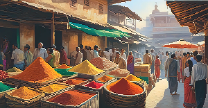 A colorful Indian spice market with various spices in burlap sacks and people interacting, illuminated by warm sunlight.