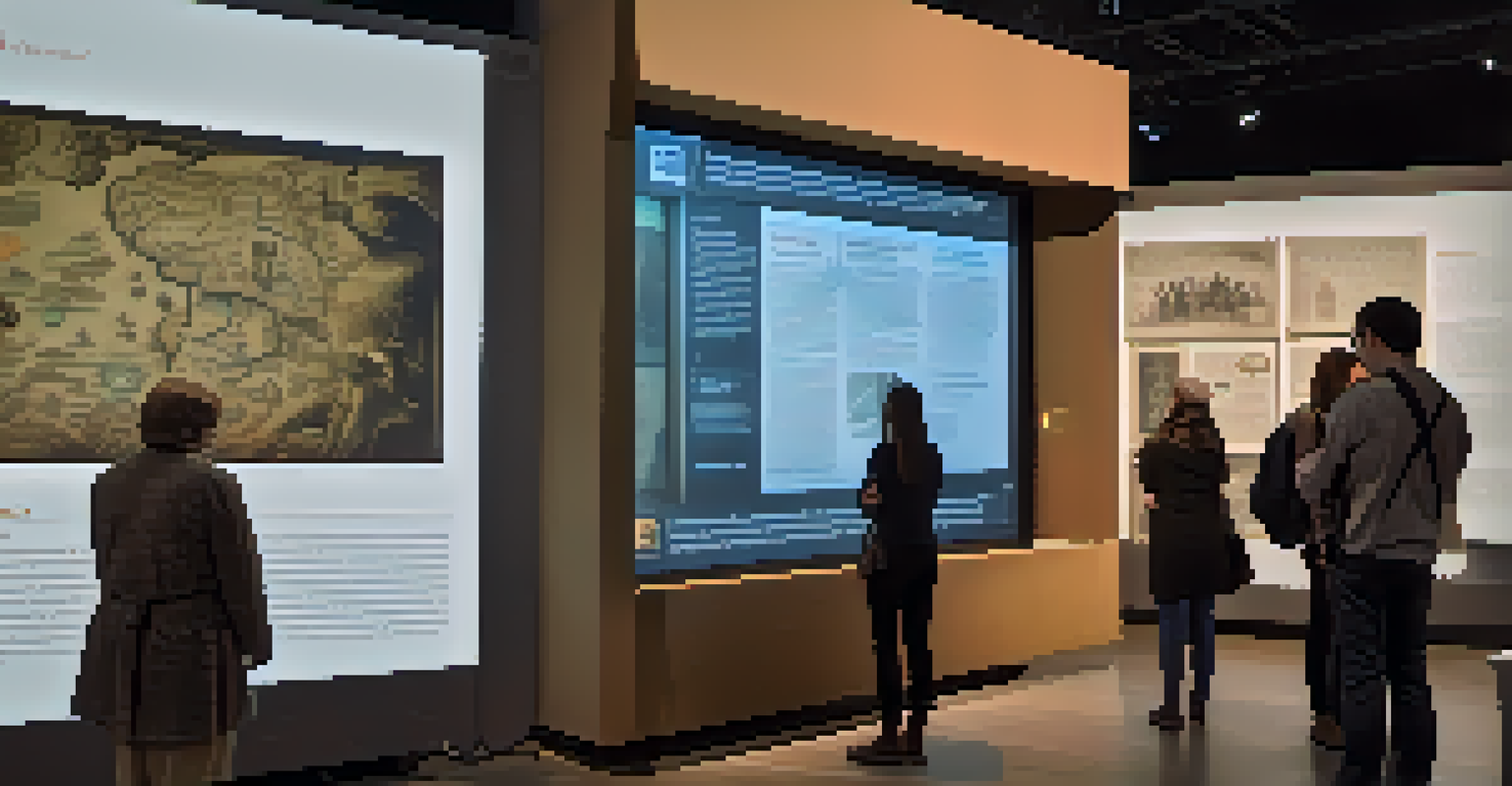 An interactive exhibit inside a Heritage Center with visitors using touchscreens and tablets, featuring ancient manuscripts and augmented reality.