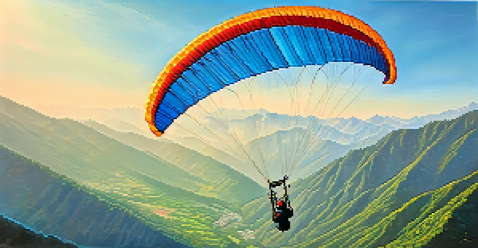 A paraglider in colorful gear flying over the Dhauladhar mountains with greenery below and a clear blue sky.