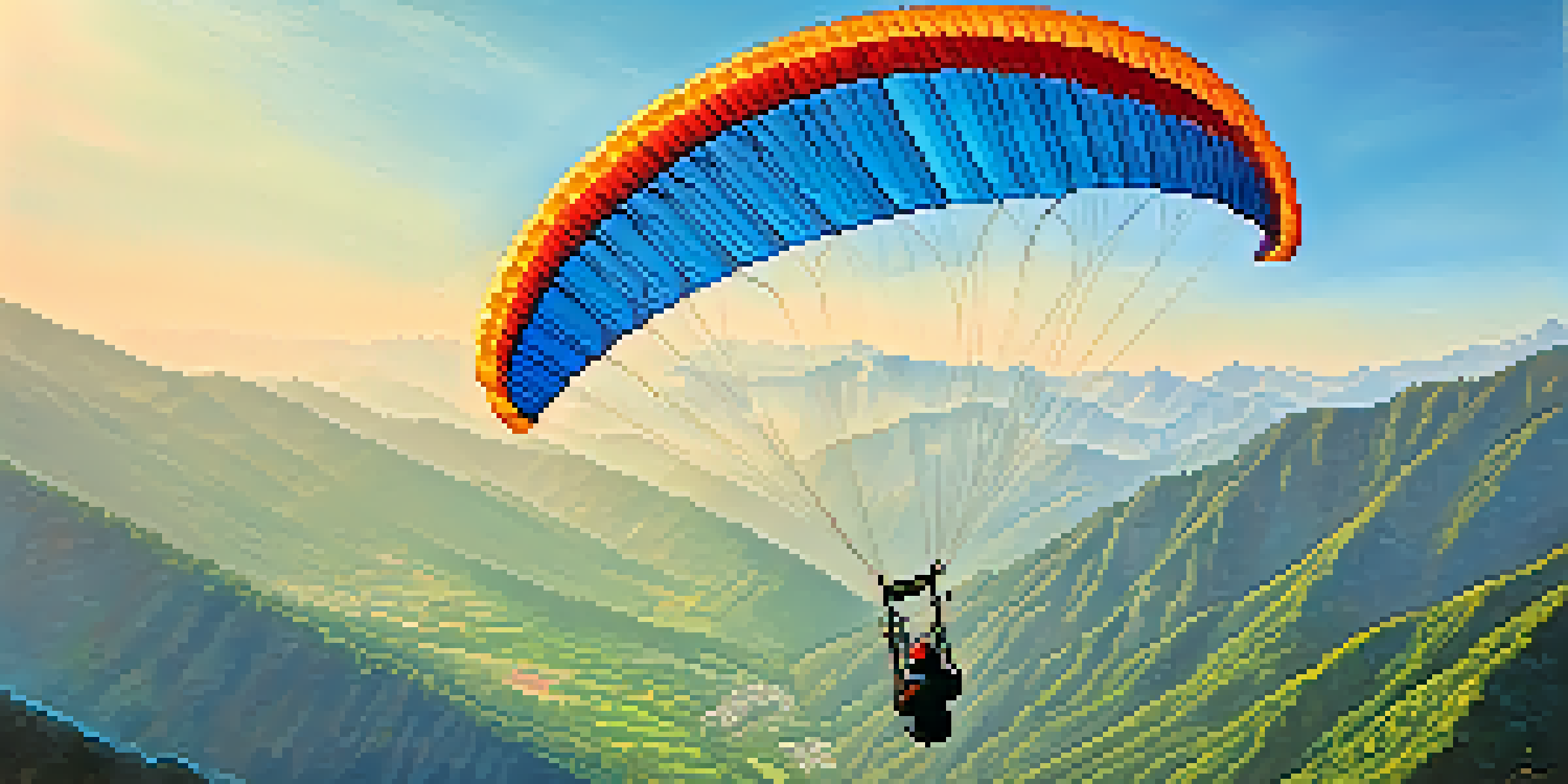A paraglider in colorful gear flying over the Dhauladhar mountains with greenery below and a clear blue sky.