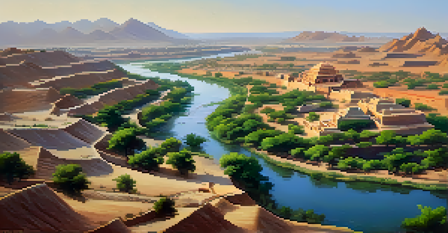 An aerial view of the Banas River in Rajasthan, showcasing the contrast between lush greenery and arid desert, with historical sites and villages along the banks.