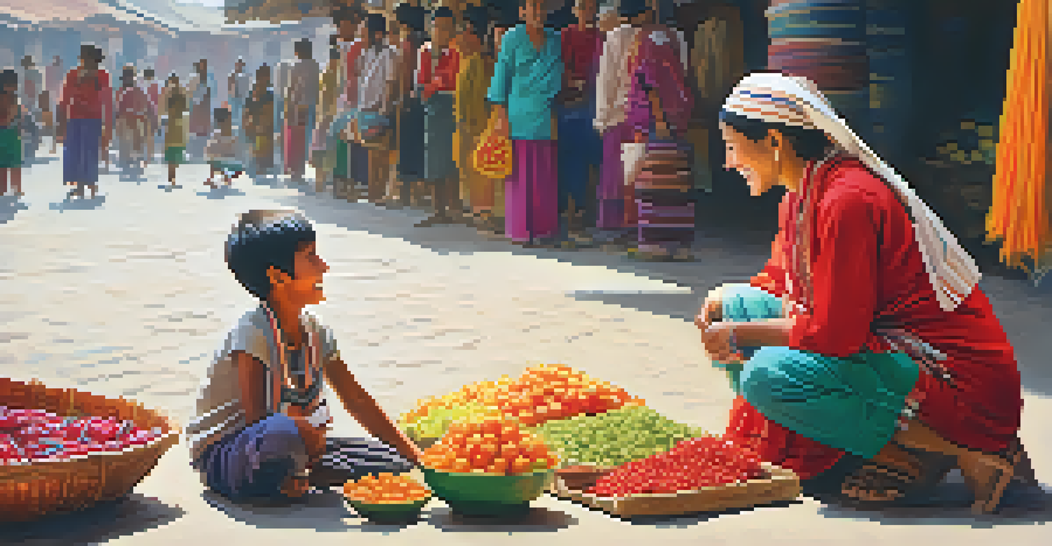 A volunteer interacting with a local child in a colorful marketplace, surrounded by textiles and produce.