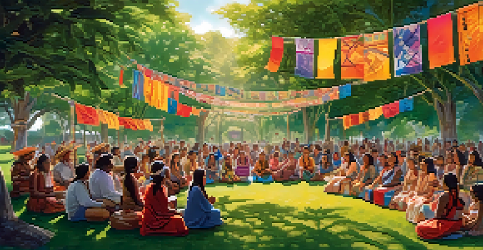 An Indigenous storyteller engaging a diverse audience at a vibrant festival in a lush green setting, with traditional attire and colorful decorations.