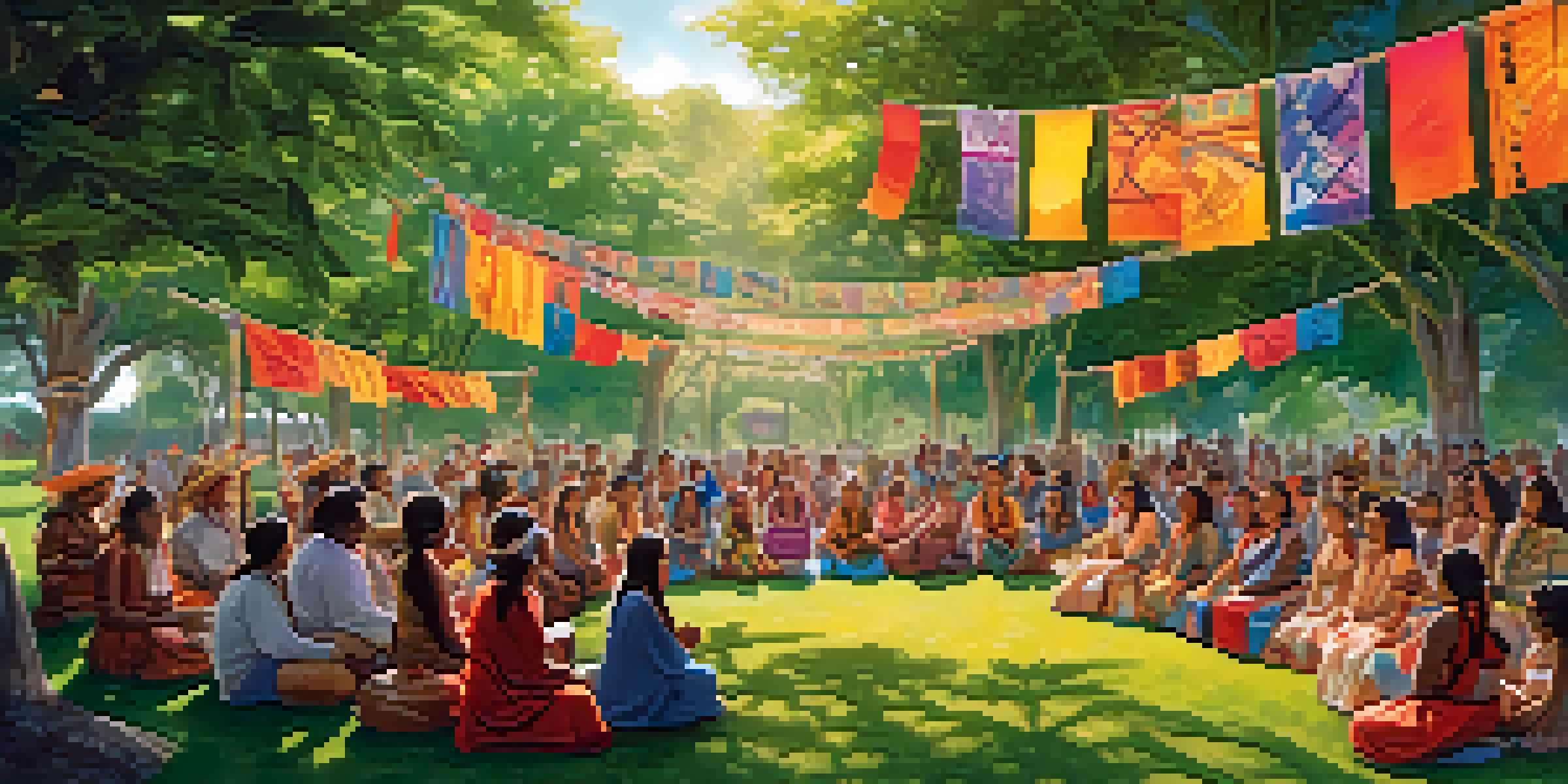 An Indigenous storyteller engaging a diverse audience at a vibrant festival in a lush green setting, with traditional attire and colorful decorations.
