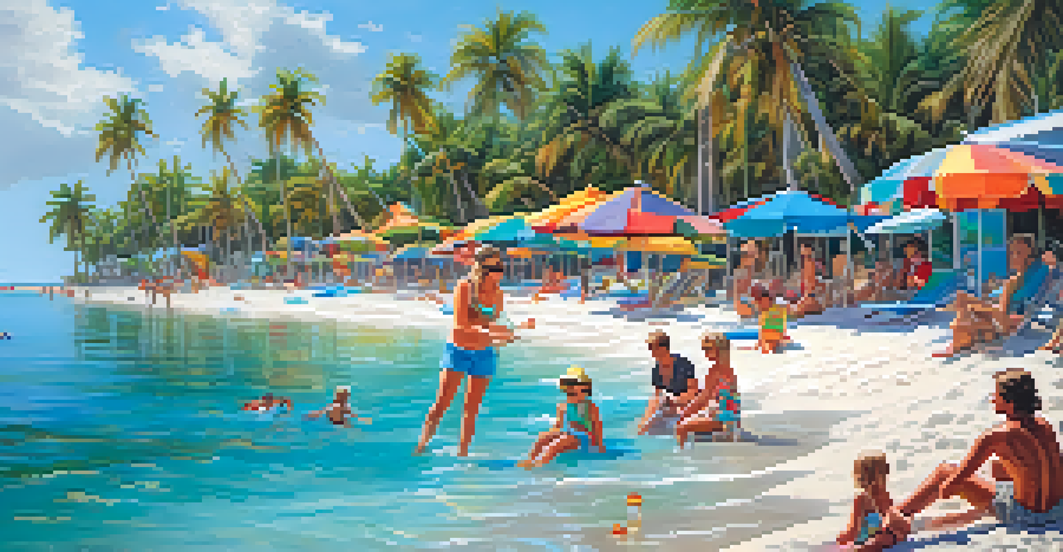 A family at the beach in the Florida Keys, with children building sandcastles, palm trees, and turquoise water in a tropical setting.