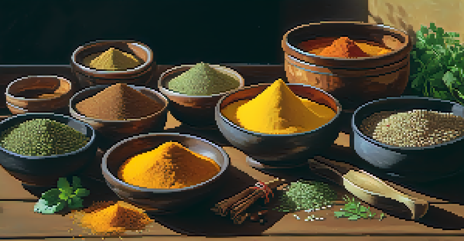 Essential ingredients for Indian cooking arranged on a wooden surface, including spices, herbs, and grains.