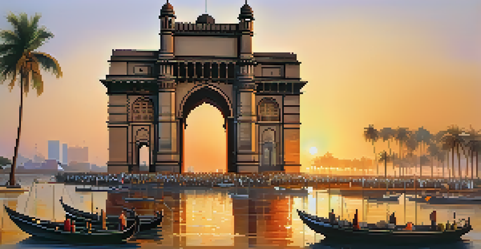 A view of the Gateway of India with sunrise lighting up the sky and reflecting on the sea, surrounded by palm trees and market stalls.