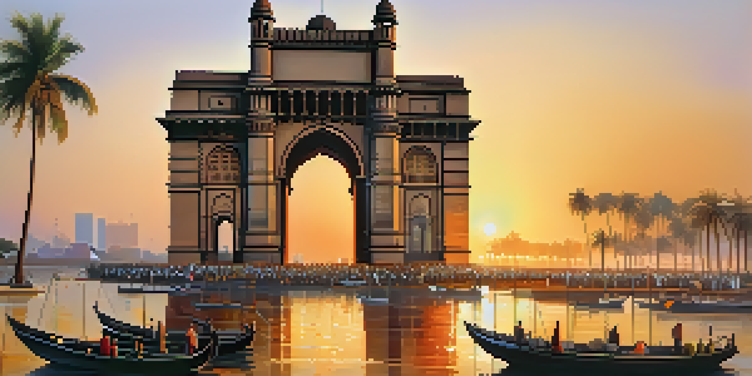 A view of the Gateway of India with sunrise lighting up the sky and reflecting on the sea, surrounded by palm trees and market stalls.