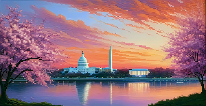 A scenic sunset view of Washington, D.C. with the Capitol Building and Washington Monument against a colorful sky.