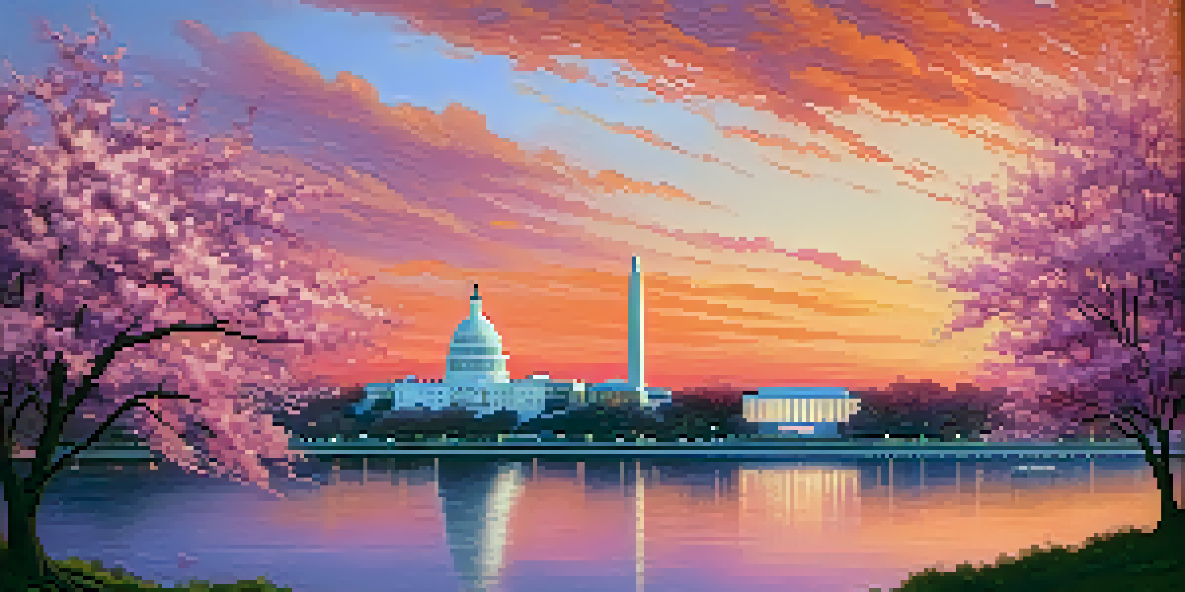 A scenic sunset view of Washington, D.C. with the Capitol Building and Washington Monument against a colorful sky.
