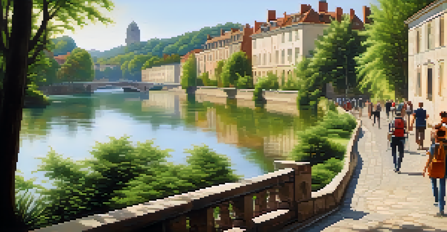 People walking along a riverbank surrounded by greenery and historic buildings, enjoying a peaceful cultural heritage walk.