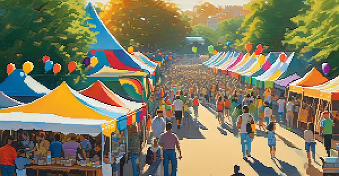 A lively outdoor art festival with colorful tents, local artworks, and a diverse crowd of visitors under a warm sun.