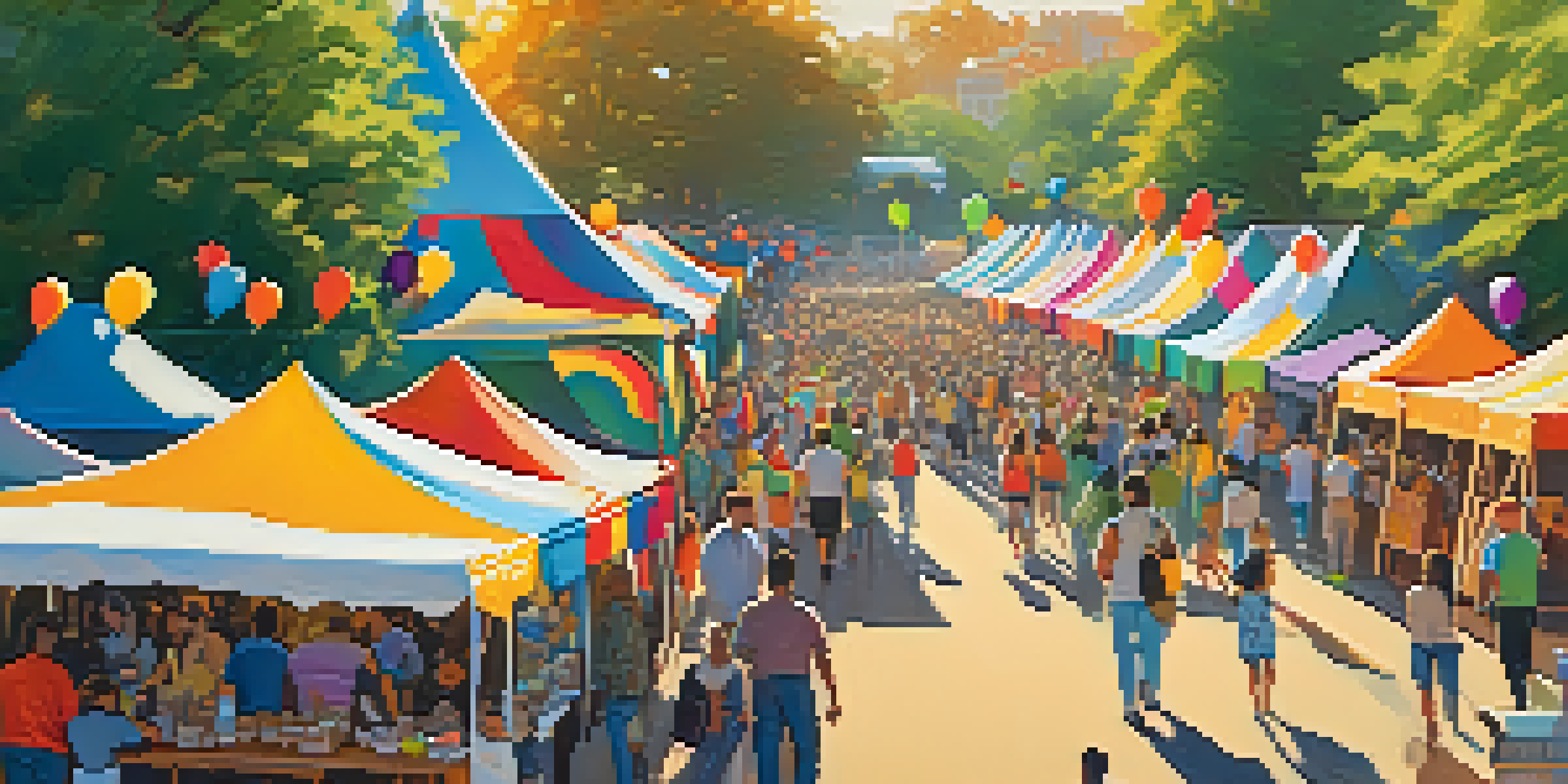 A lively outdoor art festival with colorful tents, local artworks, and a diverse crowd of visitors under a warm sun.