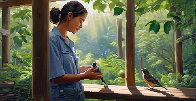 A volunteer caring for a baby bird in a wildlife rehabilitation center amidst a green, sunlit environment.