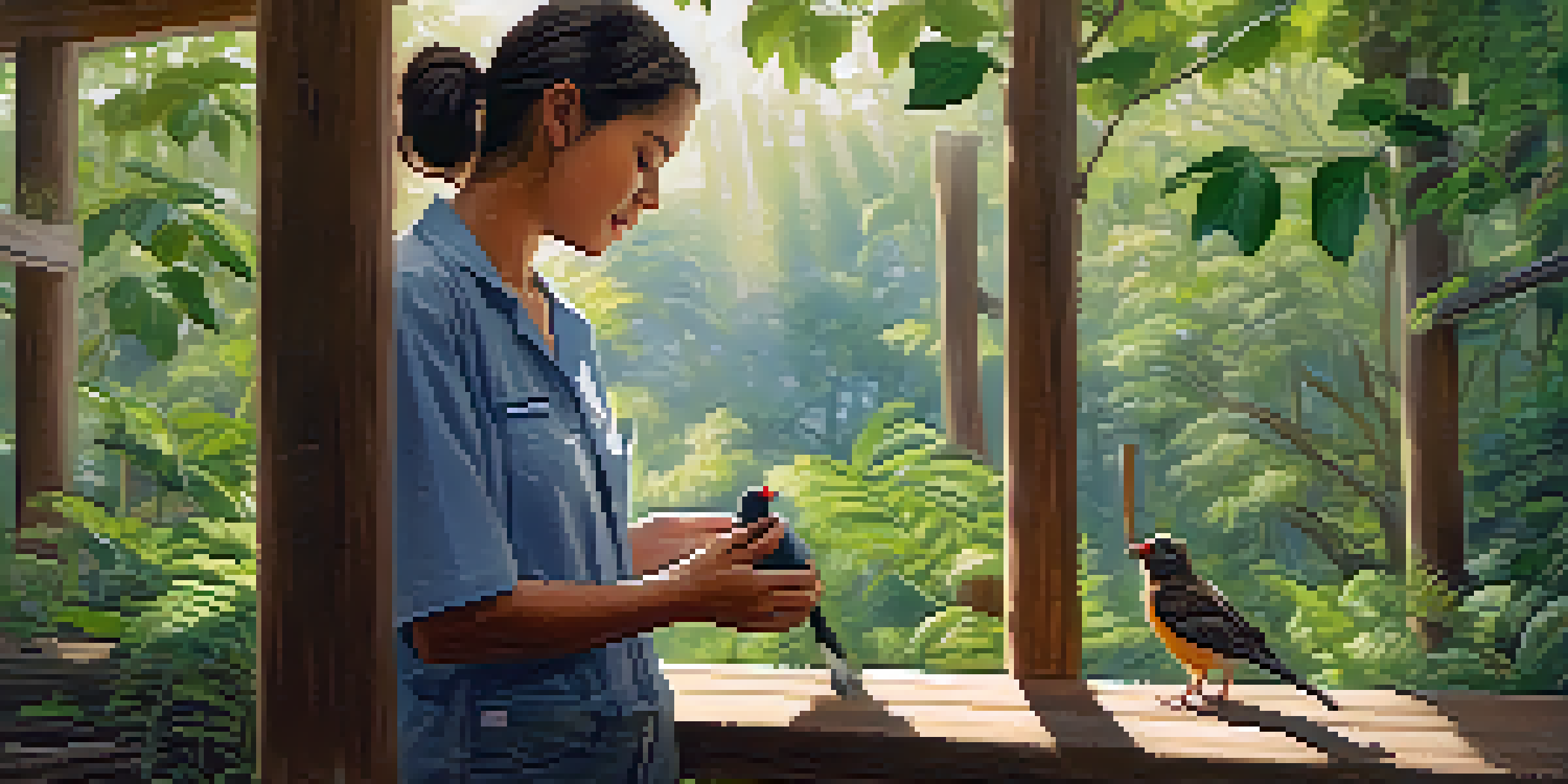 A volunteer caring for a baby bird in a wildlife rehabilitation center amidst a green, sunlit environment.