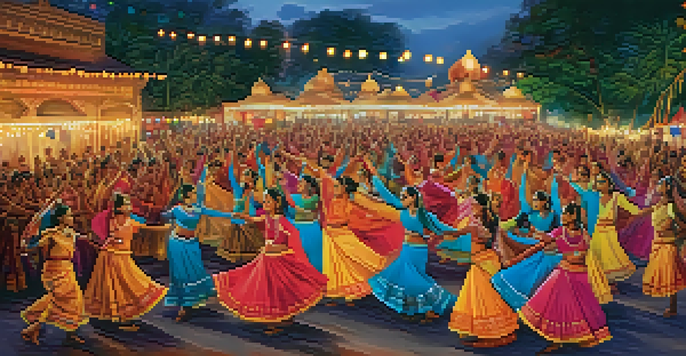 A traditional Indian dance performance with dancers in colorful costumes at an outdoor festival, surrounded by an engaged audience and festive decorations under a sunset glow.