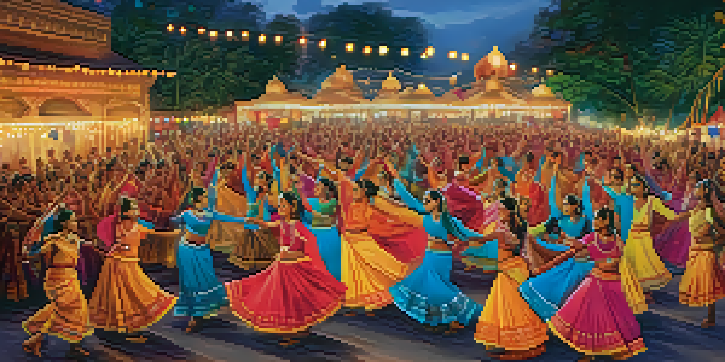 A traditional Indian dance performance with dancers in colorful costumes at an outdoor festival, surrounded by an engaged audience and festive decorations under a sunset glow.