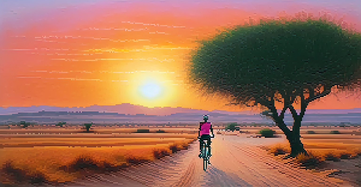 A cyclist riding through the Thar Desert at sunset, with colorful sky and distant villages.