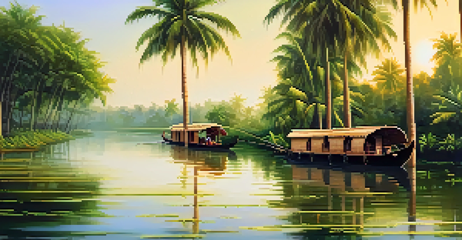 A traditional houseboat in Kerala's backwaters surrounded by palm trees and local villagers.