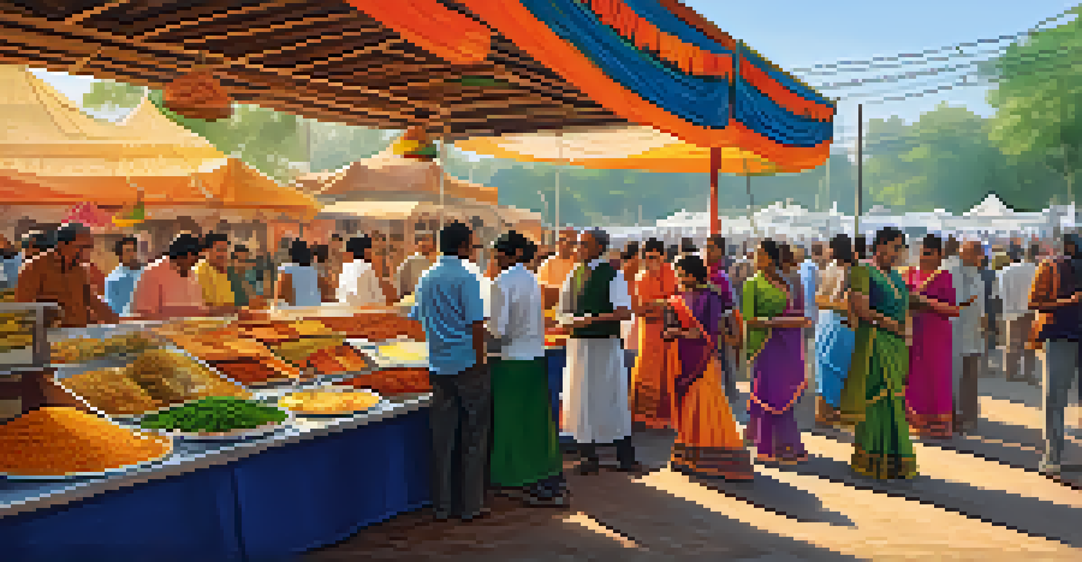 A food stall at an Indian music festival with colorful dishes and festival-goers sampling food.