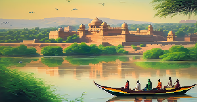 A picturesque view of a river cruise in Rajasthan with traditional boats on the Chambal River, surrounded by greenery and wildlife under warm sunlight.