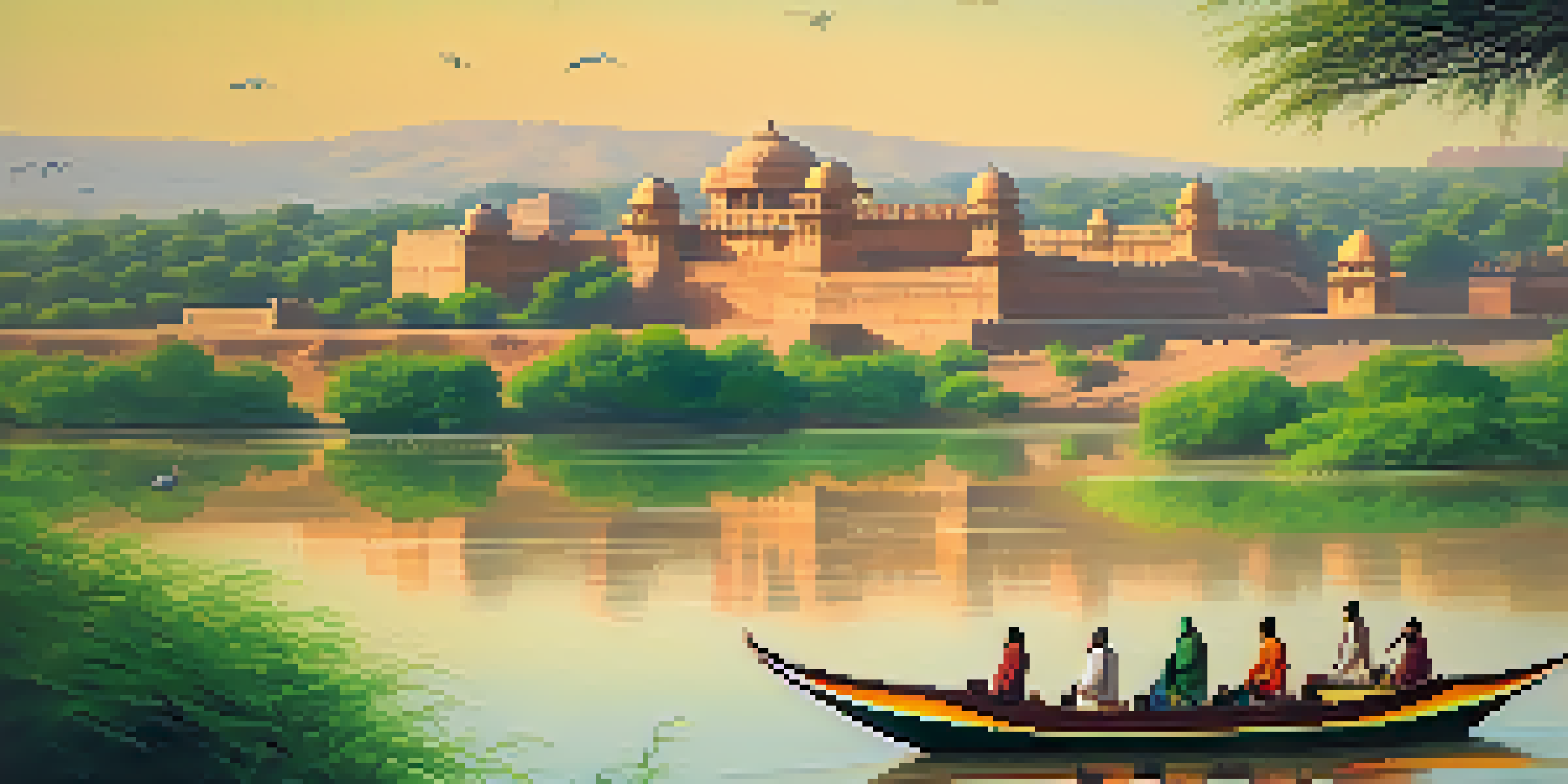 A picturesque view of a river cruise in Rajasthan with traditional boats on the Chambal River, surrounded by greenery and wildlife under warm sunlight.