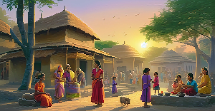 A lively family heritage tour in an Indian village with people in traditional clothing, artisans making pottery, and children playing under a sunset.