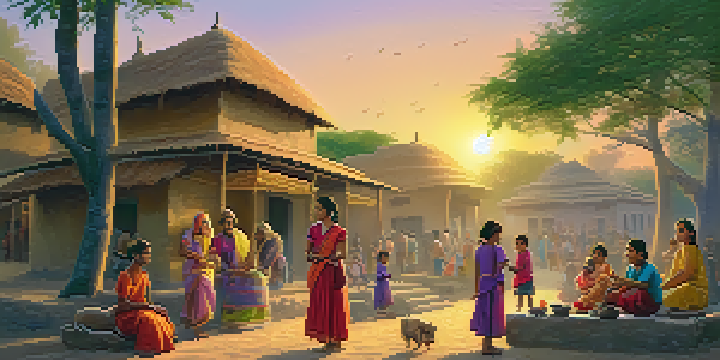 A lively family heritage tour in an Indian village with people in traditional clothing, artisans making pottery, and children playing under a sunset.