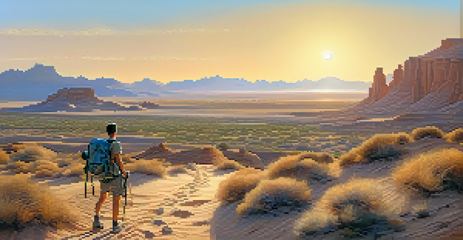 A scenic hiking trail in the Western Desert, featuring a hiker amidst diverse vegetation and vast dunes under a clear blue sky.