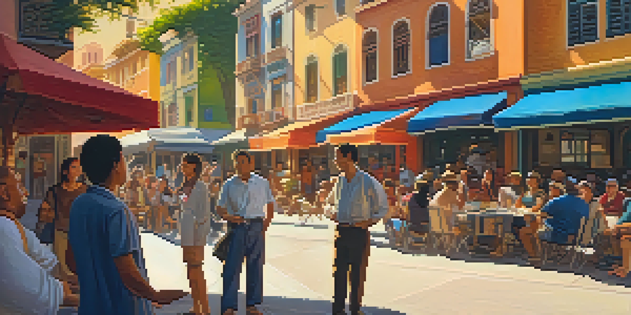 A local guide sharing stories with travelers on a vibrant street, filled with colorful buildings and street musicians.