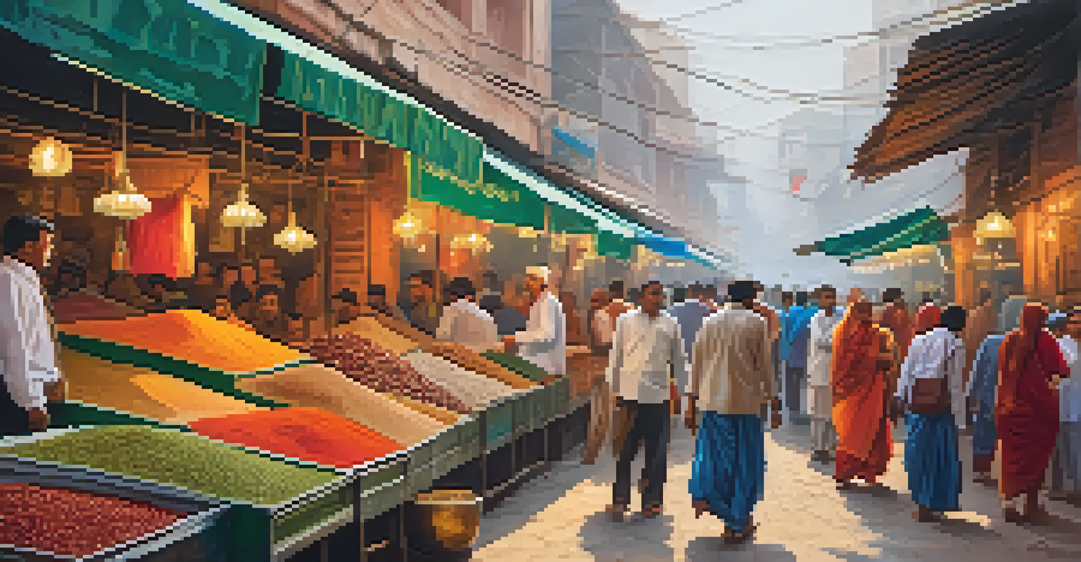 Lively market scene in Chandni Chowk, Delhi, with locals shopping and colorful stalls filled with spices and textiles.