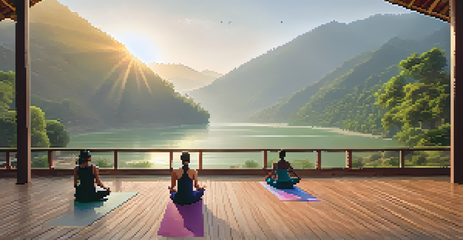 A group of people practicing yoga at a center in Rishikesh, with mountains and the river in the background.
