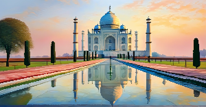 A panoramic view of the Taj Mahal bathed in the soft light of sunrise, surrounded by beautifully manicured gardens.