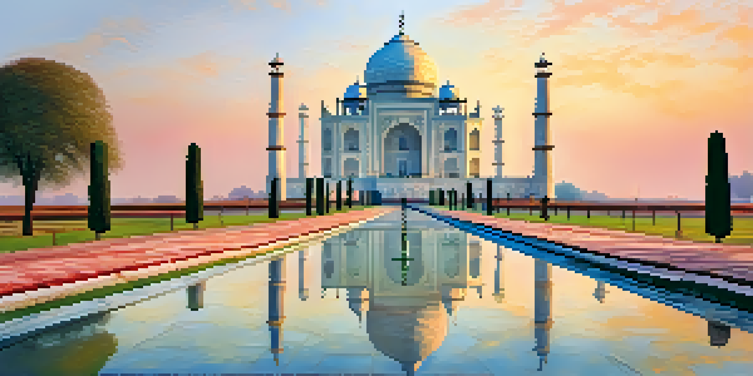 A panoramic view of the Taj Mahal bathed in the soft light of sunrise, surrounded by beautifully manicured gardens.